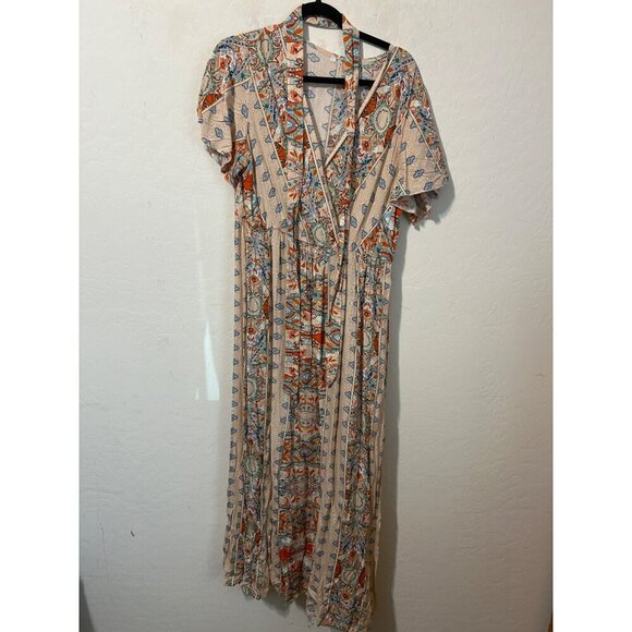 Women Orange Blue Maxi Dress With Belt Tie Sz XL Flutter Sleeves Pullover - Picture 1 of 7